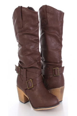 Brown Slouchy Buckled Cowboy Boots