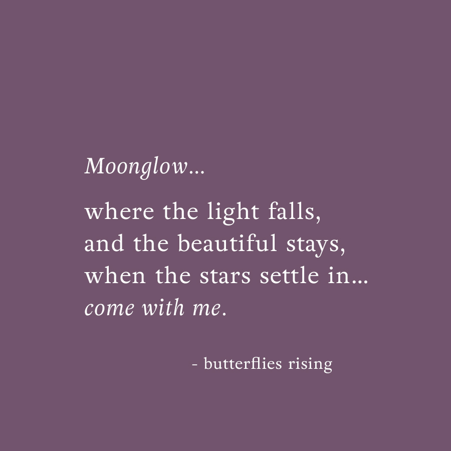 Moonglow…  where the light falls, and the beautiful stays, when the stars settle in… come with me. - butterflies rising