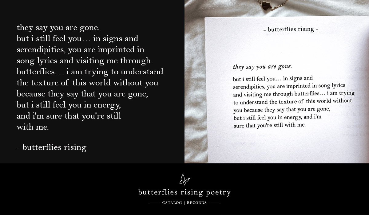 they say you are gone. but i still feel you… in signs and serendipities, you are imprinted in song lyrics and visiting me through butterflies