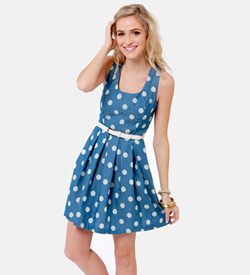 Blue Polka Dot Dress, Classic Polka Dot Spring Dress, Blue Belt Dress